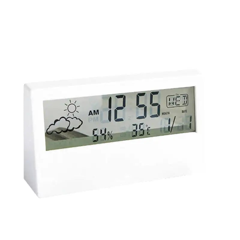 Réveil digital blanc mat avec affichage météo intégré