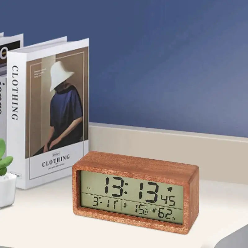 Réveil digital en bois foncé avec affichage multifonction
