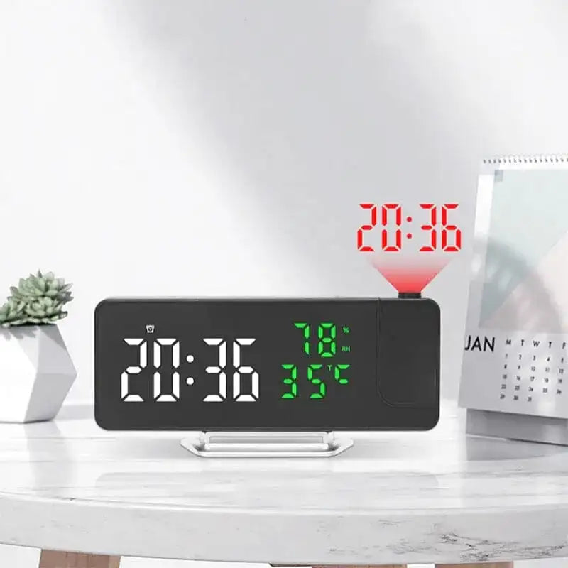 Réveil digital noir avec affichage LED bleu et météo
