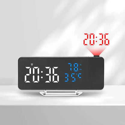 Réveil digital noir avec affichage LED bleu et météo