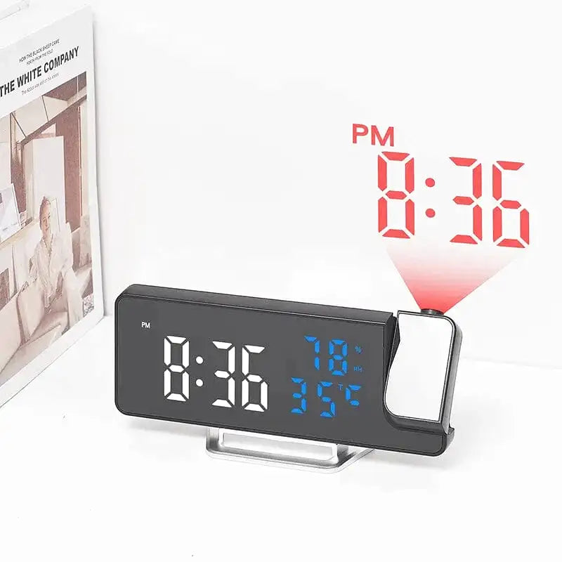Réveil digital noir avec affichage LED bleu et météo