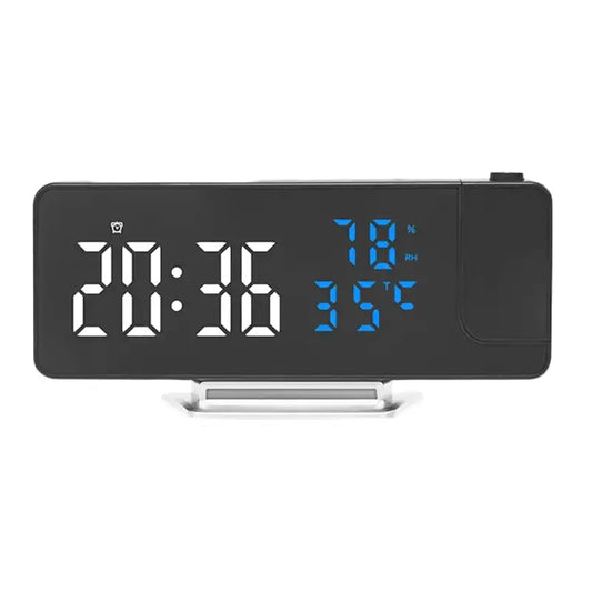 Réveil digital noir avec affichage LED bleu et météo