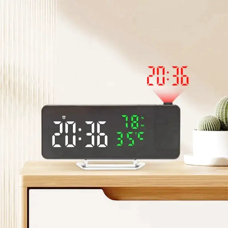 Réveil digital noir avec affichage LED bleu et météo