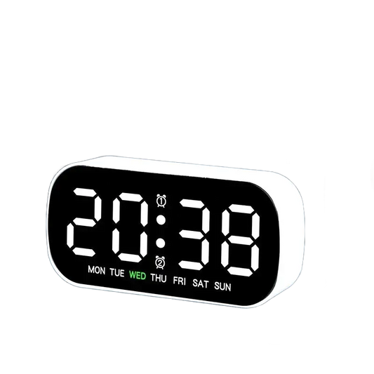 Réveil digital ovale blanc à écran noir lumineux