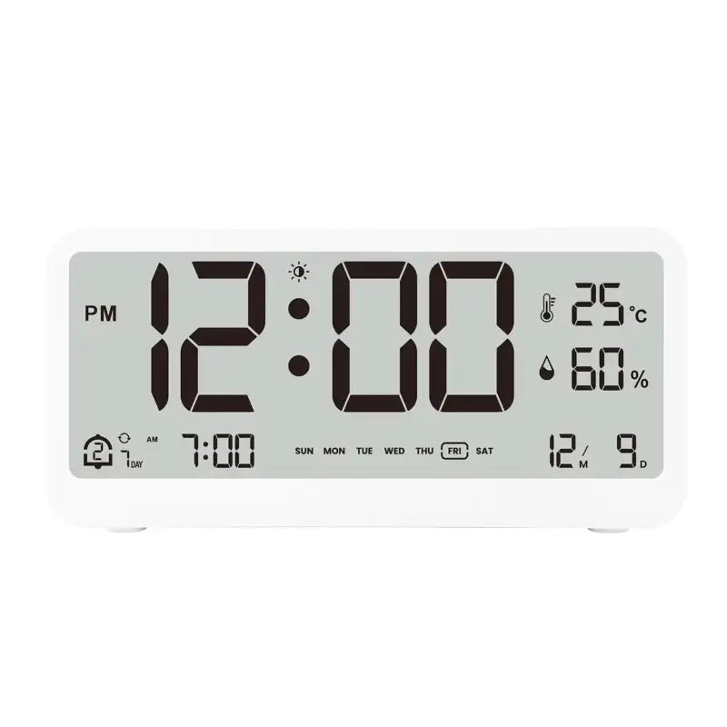 Réveil digital rectangulaire blanc avec affichage multifonction