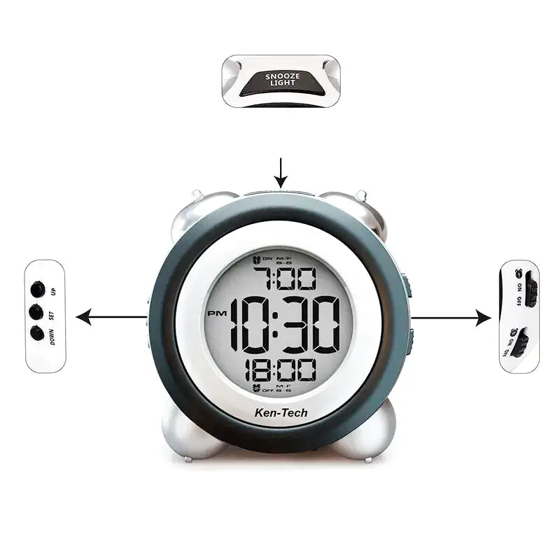 Réveil digital rond avec écran LCD bleu