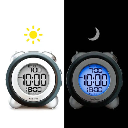 Réveil digital rond avec écran LCD bleu