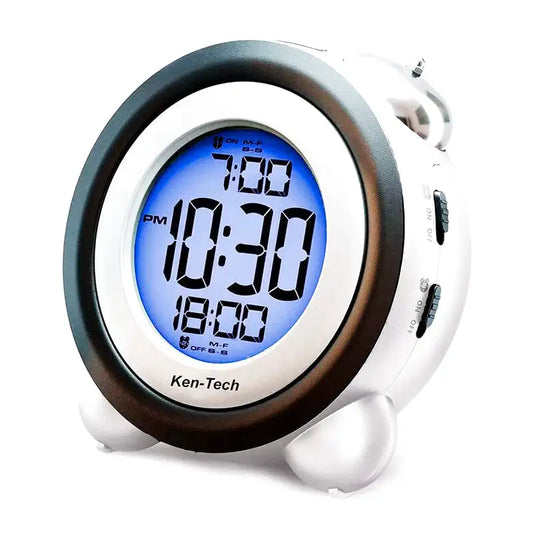 Réveil digital rond avec écran LCD bleu