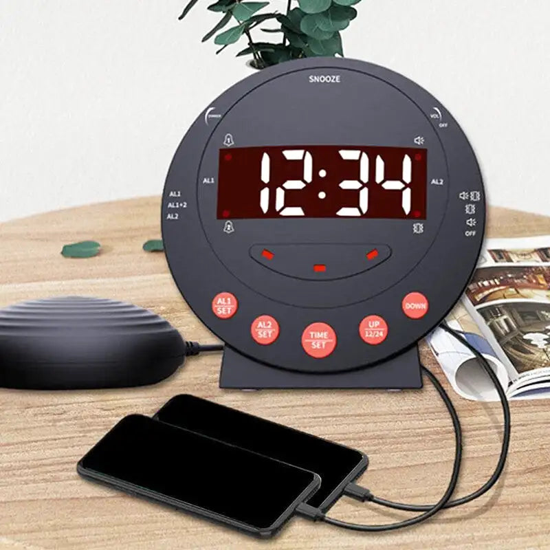 Réveil digital rond noir à affichage LED rouge