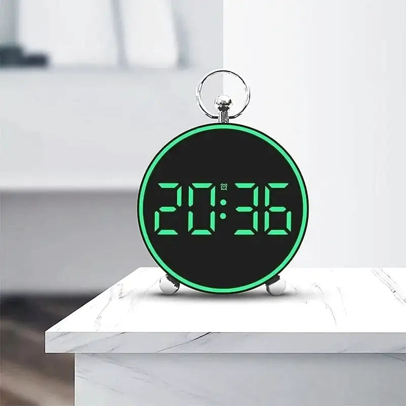 Réveil digital rond noir à affichage LED vert