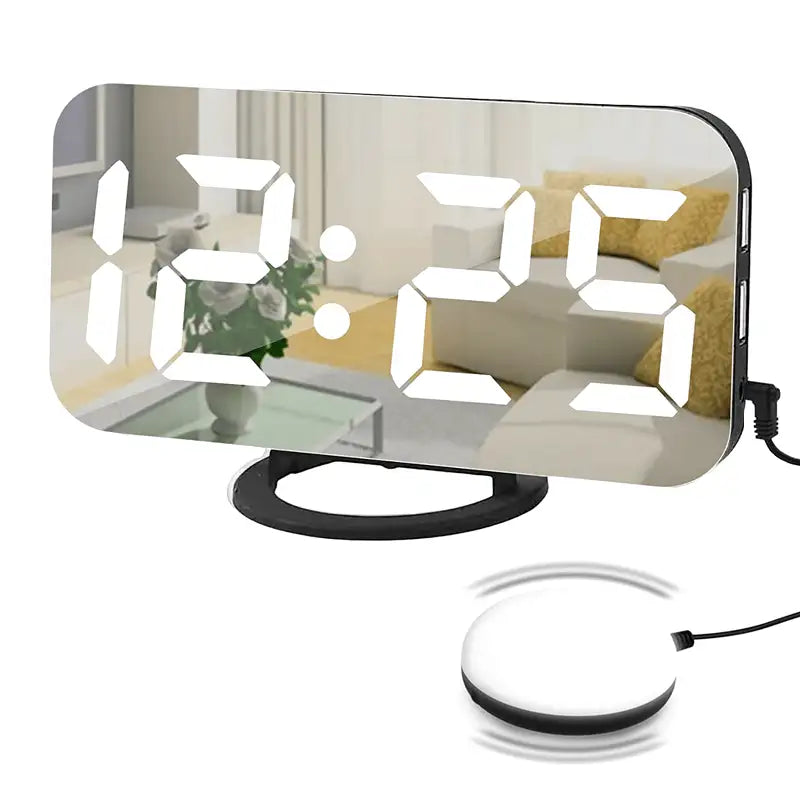Réveil elliptique noir à surface miroir et LED blanc