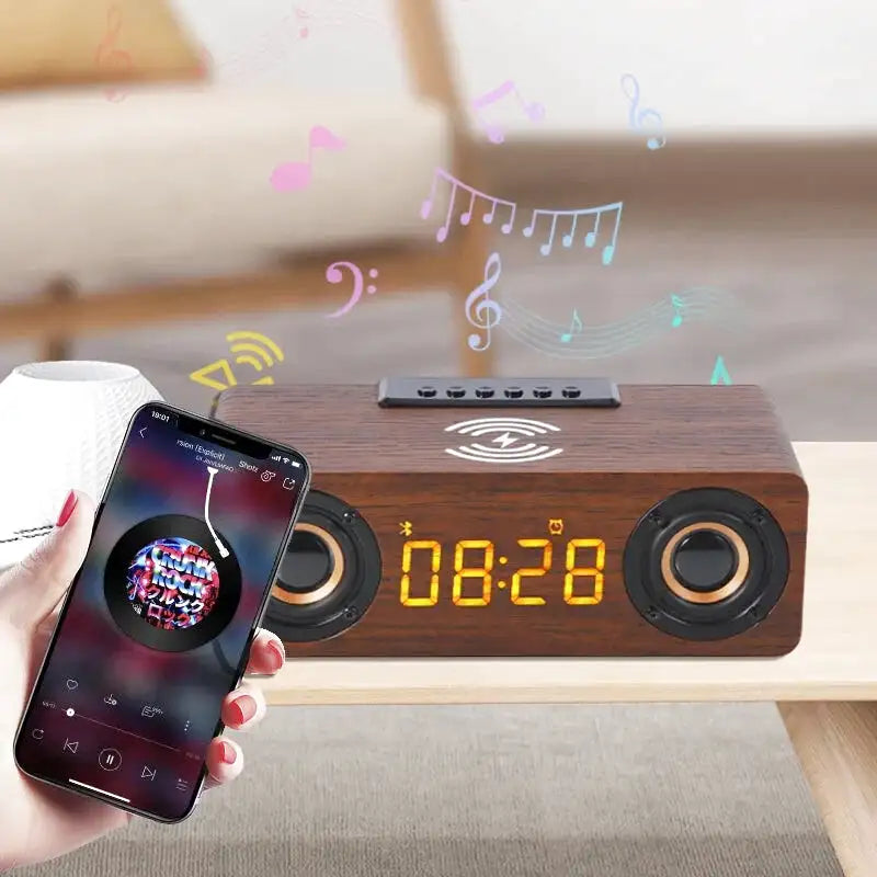 Réveil en bois foncé avec affichage LED et enceinte intégré