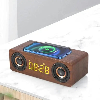 Réveil en bois foncé avec affichage LED et enceinte intégré
