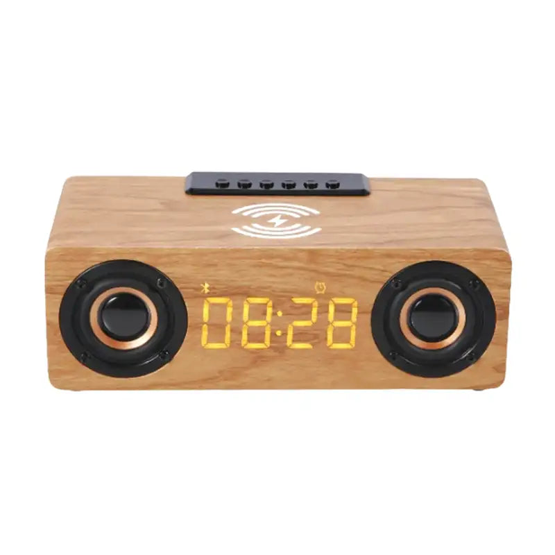 Réveil en bois rectangulaire avec horloge LED et enceinte
