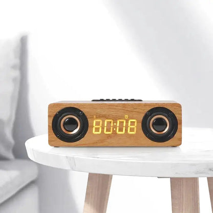 Réveil en bois rectangulaire avec horloge LED et enceinte