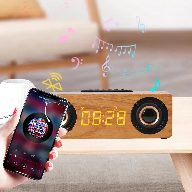 Réveil en bois rectangulaire avec horloge LED et enceinte