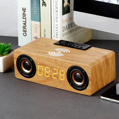 Réveil en bois rectangulaire avec horloge LED et enceinte