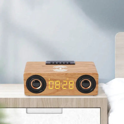 Réveil en bois rectangulaire avec horloge LED et enceinte