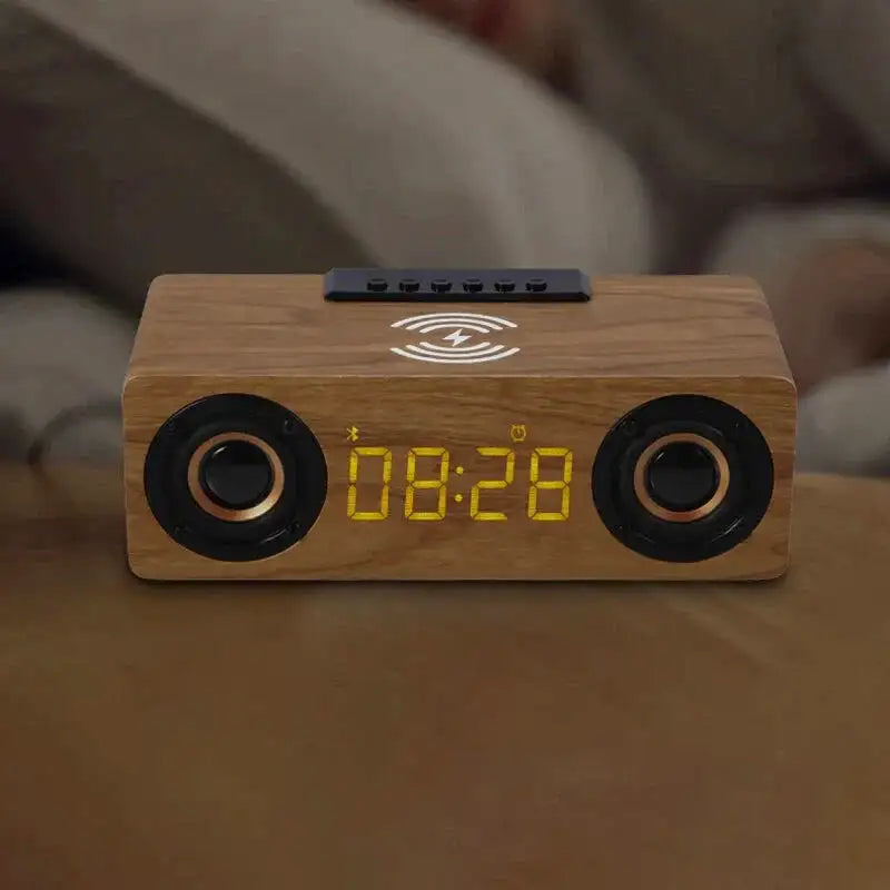 Réveil en bois rectangulaire avec horloge LED et enceinte