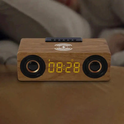 Réveil en bois rectangulaire avec horloge LED et enceinte
