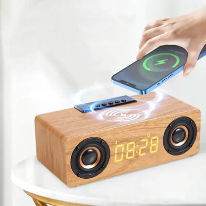 Réveil en bois rectangulaire avec horloge LED et enceinte