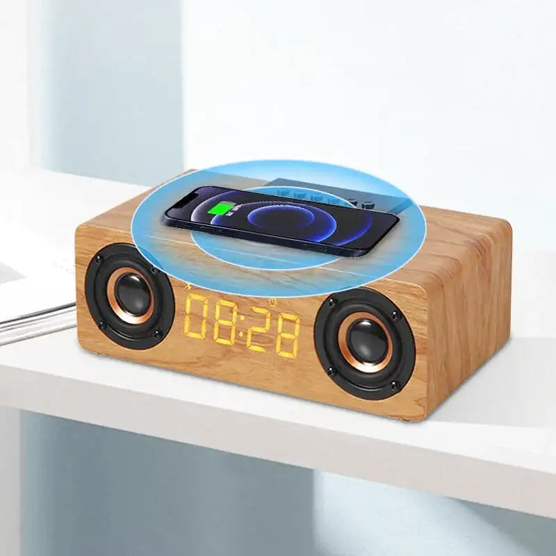 Réveil en bois rectangulaire avec horloge LED et enceinte