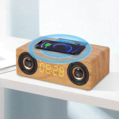 Réveil en bois rectangulaire avec horloge LED et enceinte