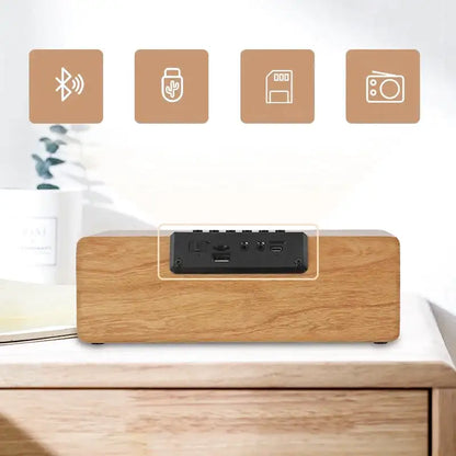 Réveil en bois rectangulaire avec horloge LED et enceinte