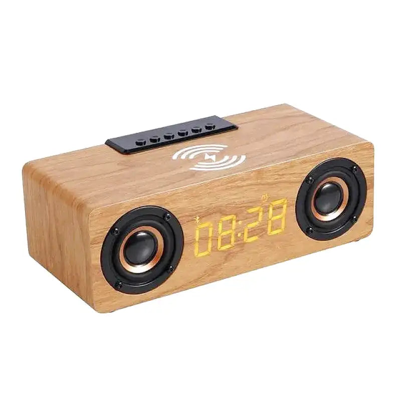 Réveil en bois rectangulaire avec horloge LED et enceinte