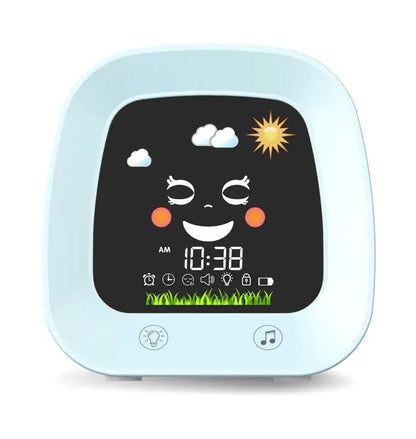 Réveil enfant digital bleu avec icônes météo ludiques