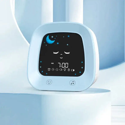 Réveil enfant digital bleu avec icônes météo ludiques