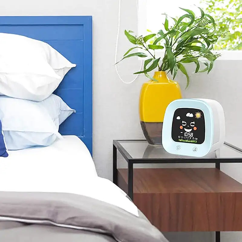 Réveil enfant digital bleu avec icônes météo ludiques
