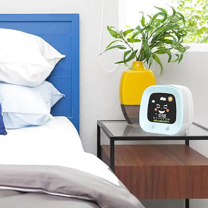 Réveil enfant digital bleu avec icônes météo ludiques