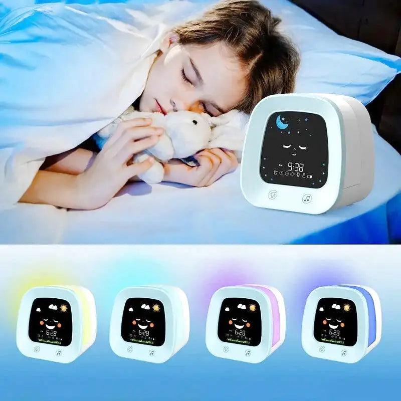 Réveil enfant digital bleu avec icônes météo ludiques