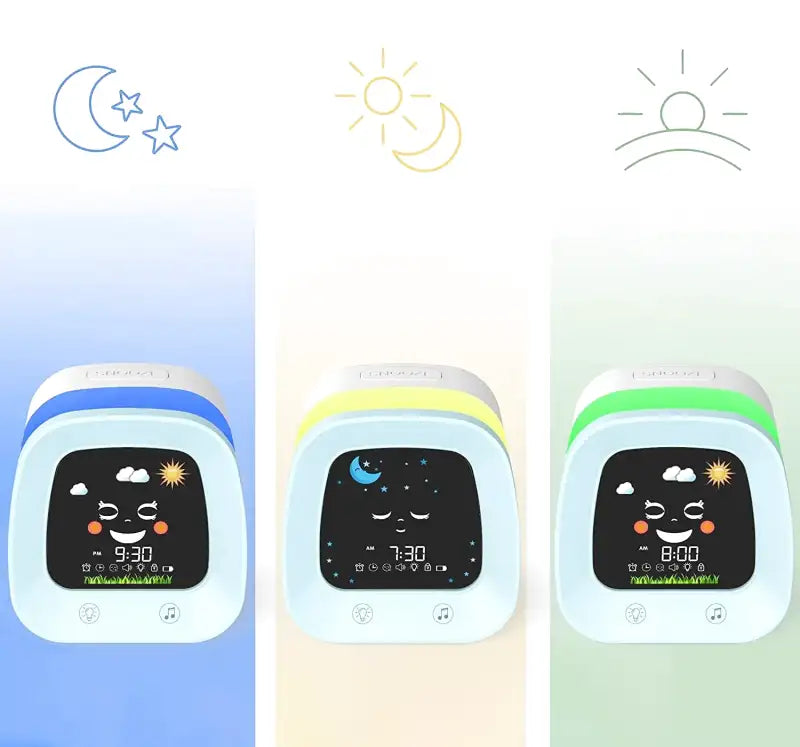 Réveil enfant digital bleu avec icônes météo ludiques