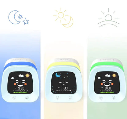 Réveil enfant digital bleu avec icônes météo ludiques