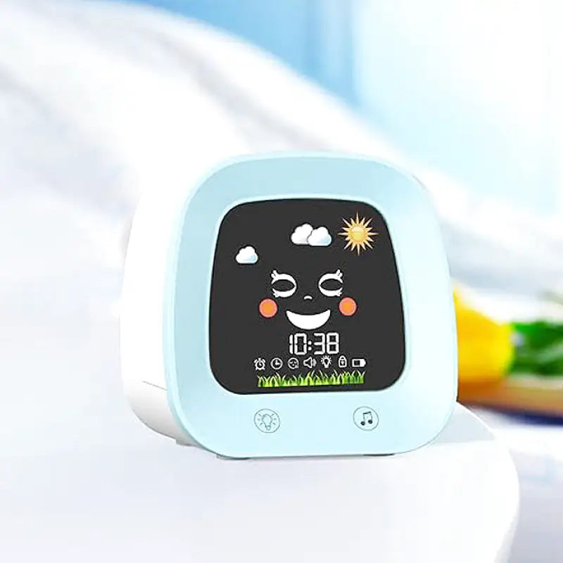 Réveil enfant digital bleu avec icônes météo ludiques
