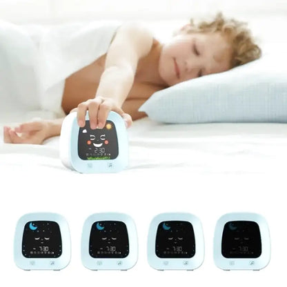 Réveil enfant digital bleu avec icônes météo ludiques