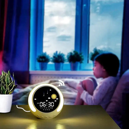 Réveil LED rond avec éclairage coloré et icônes météo -  - reveil-jour-nuit-bebe - ["enfant","Jour Nuit","r\u00e9veil enfant","\u00e9ducatif"]