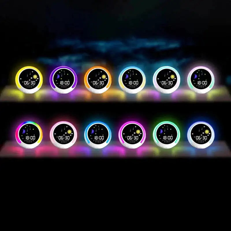 Réveil LED rond avec éclairage coloré et icônes météo -  - reveil-jour-nuit-bebe - ["enfant","Jour Nuit","r\u00e9veil enfant","\u00e9ducatif"]