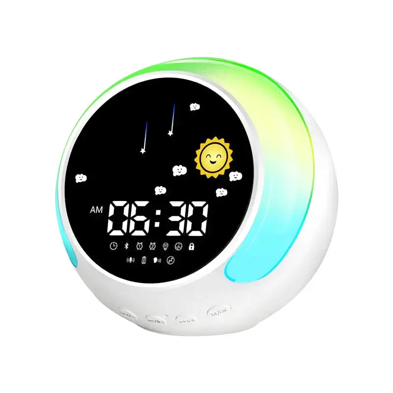 Réveil LED rond avec éclairage coloré et icônes météo -  - reveil-jour-nuit-bebe - ["enfant","Jour Nuit","r\u00e9veil enfant","\u00e9ducatif"]