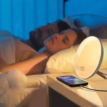 Réveil LED rond avec socle en métal argenté -  - reveil-simulateur-daube-port-usb - ["intelligent","simulateur d'aube"]