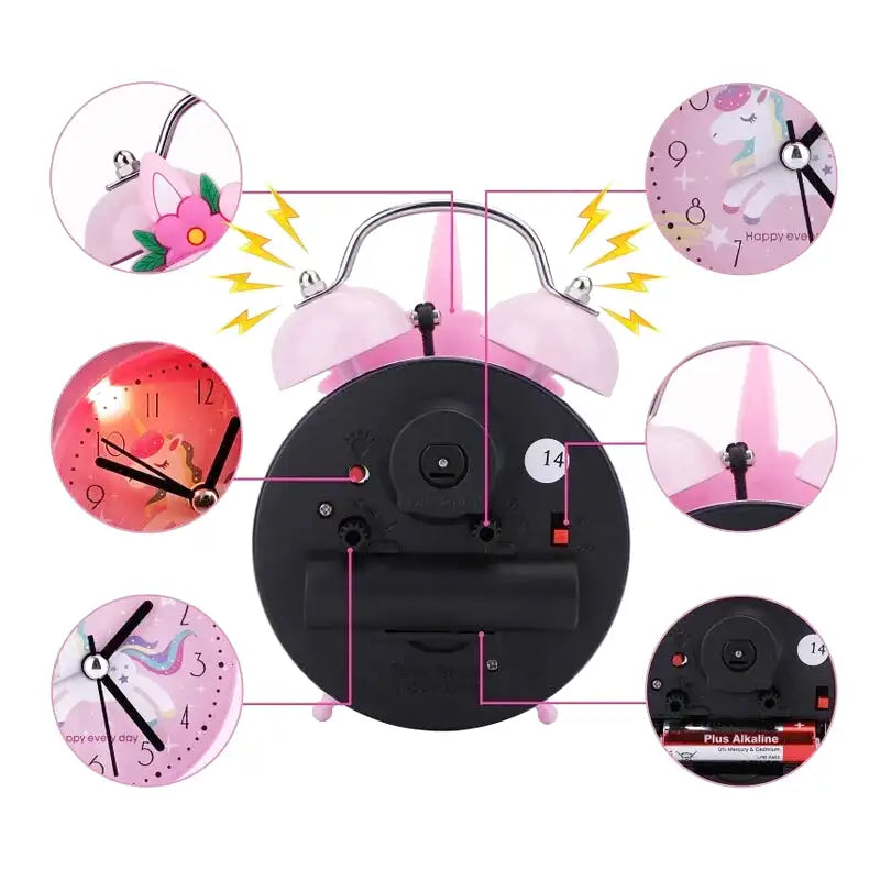 Réveil licorne rose en métal avec fleurs 3D -  - reveil-licorne-veilleuse - ["enfant","r\u00e9veil enfant","veilleuse"]