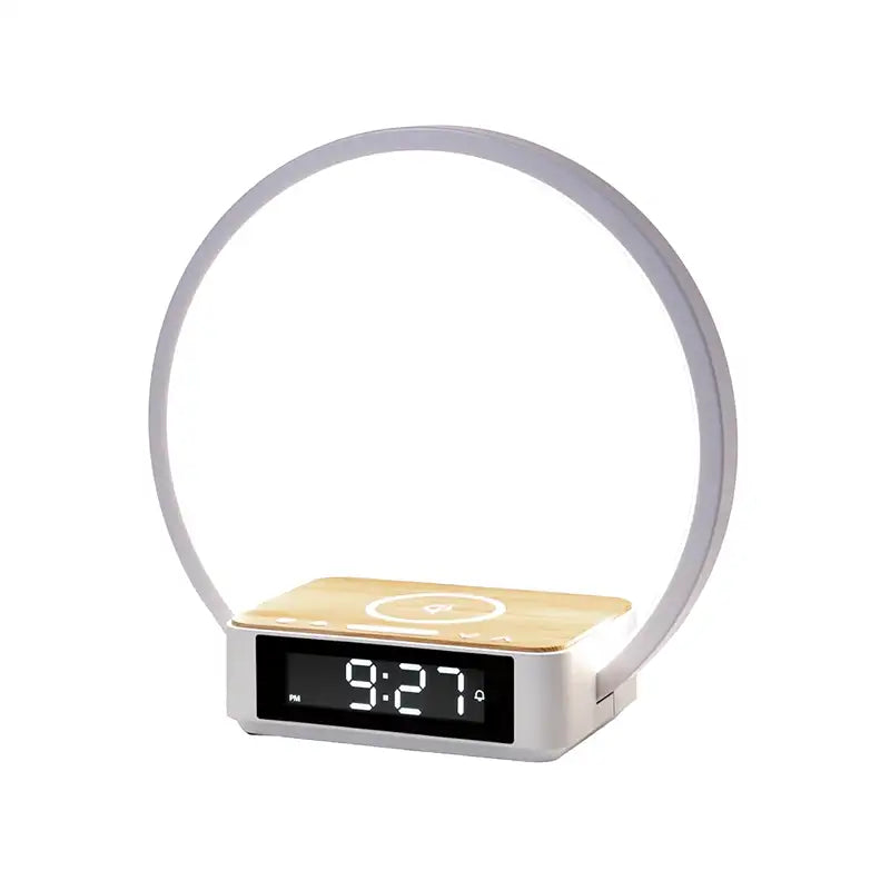 Réveil lumineux circulaire bois avec chargeur sans fil -  - reveil-chargeur-induction-design - ["bois","connect\u00e9","digital","lumineux","lumi\u00e8re","radio reveil","radio reveil bois","r\u00e9veil connect\u00e9","simple"]