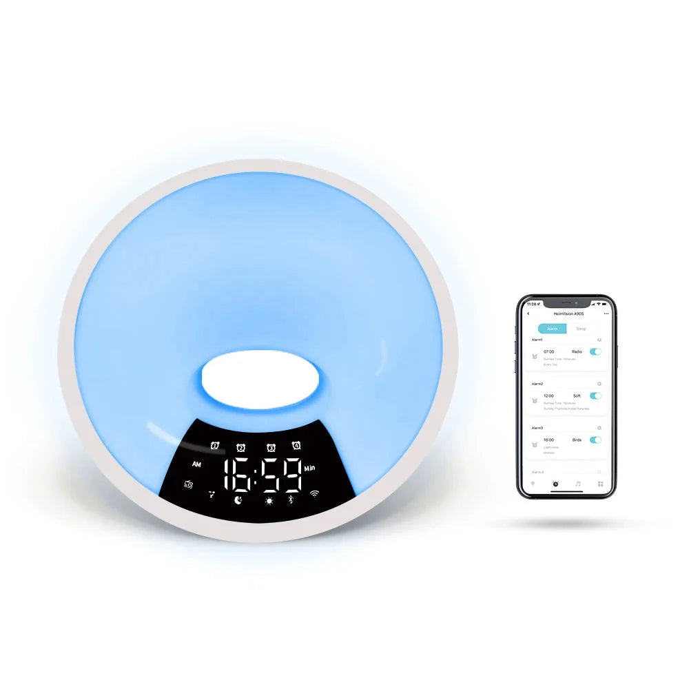 Réveil rond blanc LED multicolore avec affichage numérique -  - reveil-luminotherapie-aube - ["bluetooth","lumineux","luminoth\u00e9rapie","Radio R\u00e9veil Lumineux","R\u00e9veil bluetooth"]