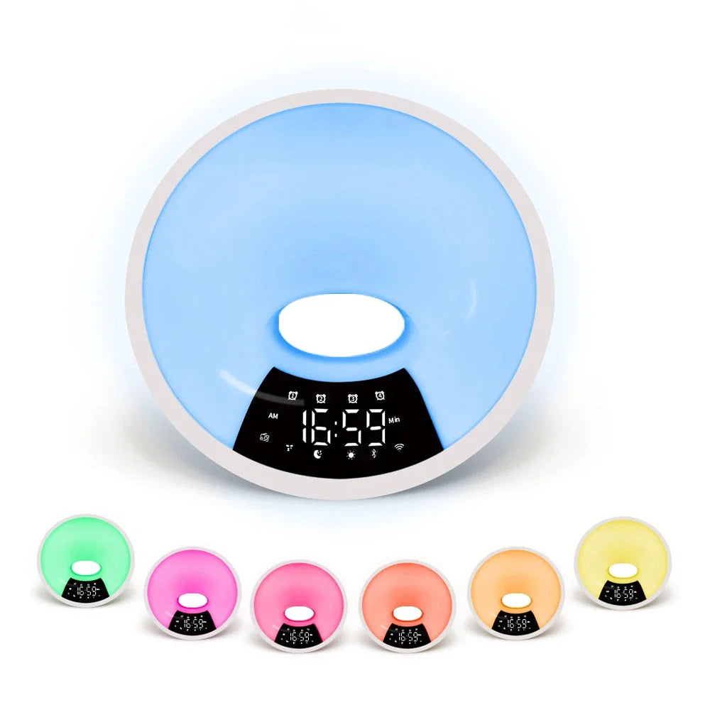 Réveil rond blanc LED multicolore avec affichage numérique -  - reveil-luminotherapie-aube - ["bluetooth","lumineux","luminoth\u00e9rapie","Radio R\u00e9veil Lumineux","R\u00e9veil bluetooth"]