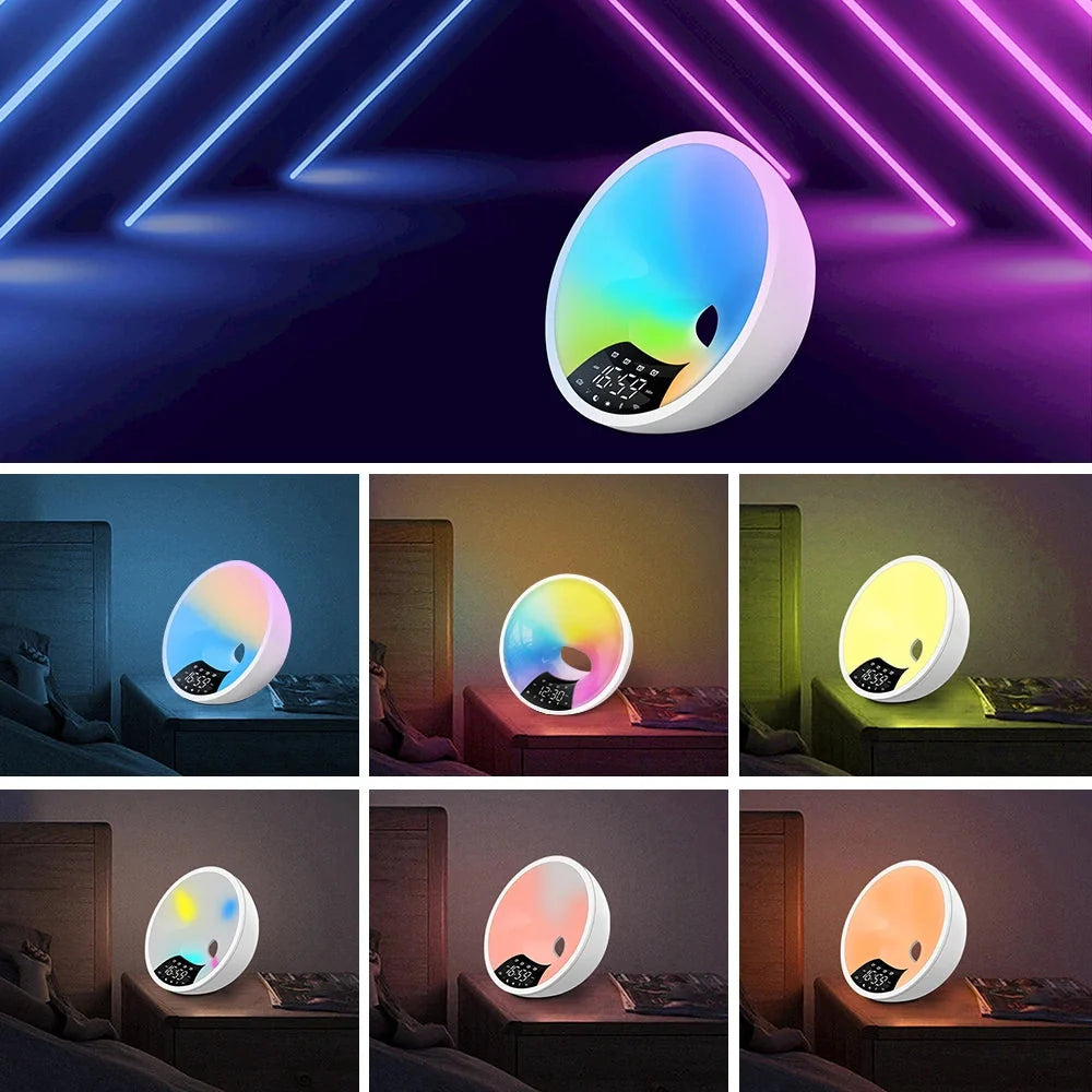 Réveil rond blanc LED multicolore avec affichage numérique -  - reveil-luminotherapie-aube - ["bluetooth","lumineux","luminoth\u00e9rapie","Radio R\u00e9veil Lumineux","R\u00e9veil bluetooth"]