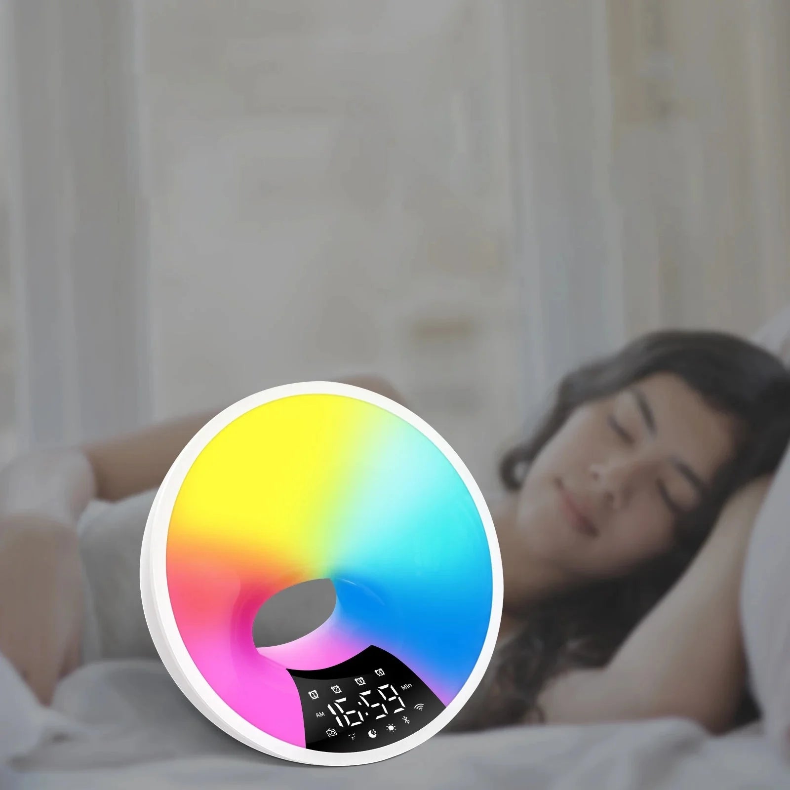 Réveil rond blanc LED multicolore avec affichage numérique -  - reveil-luminotherapie-aube - ["bluetooth","lumineux","luminoth\u00e9rapie","Radio R\u00e9veil Lumineux","R\u00e9veil bluetooth"]