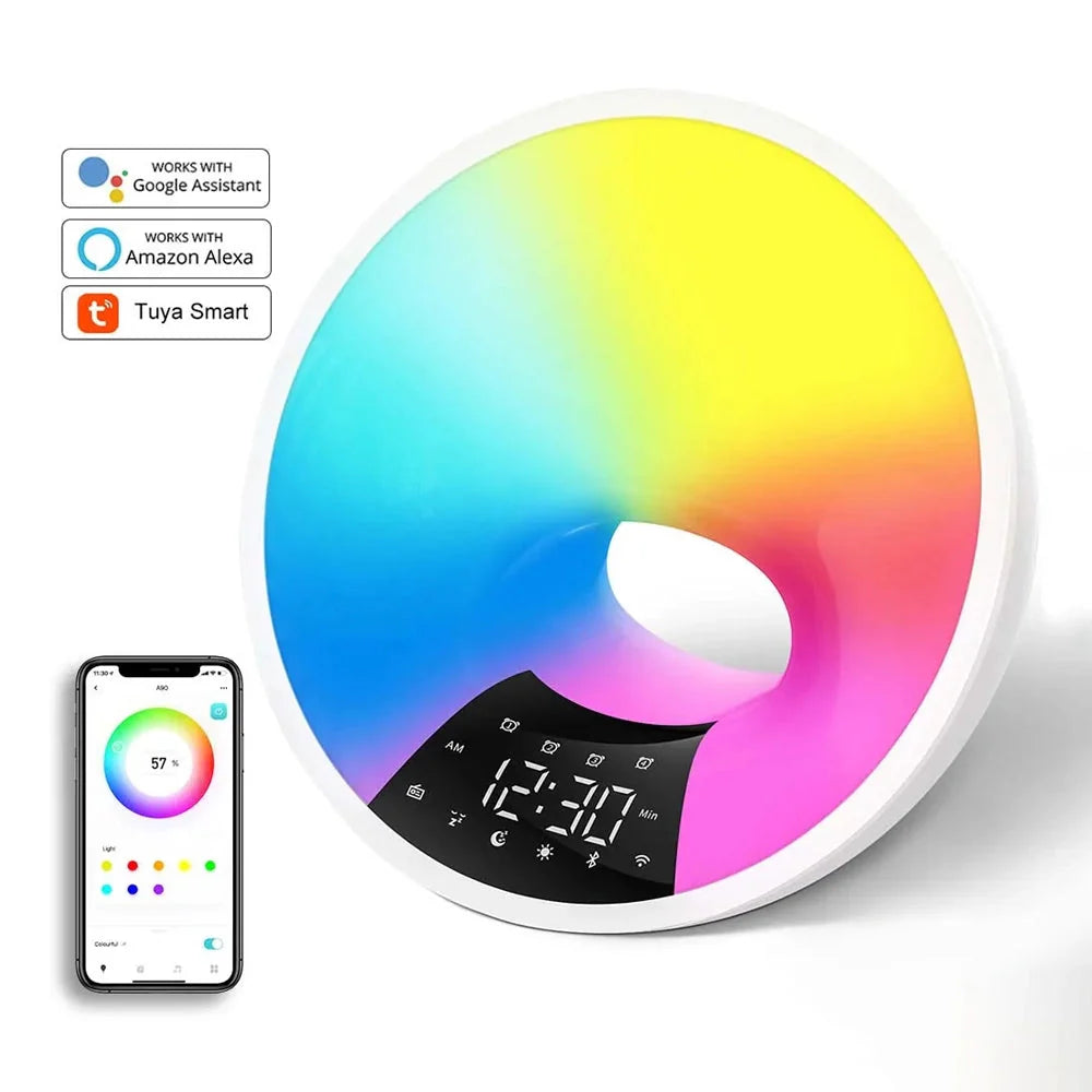 Réveil rond blanc LED multicolore avec affichage numérique -  - reveil-luminotherapie-aube - ["bluetooth","lumineux","luminoth\u00e9rapie","Radio R\u00e9veil Lumineux","R\u00e9veil bluetooth"]