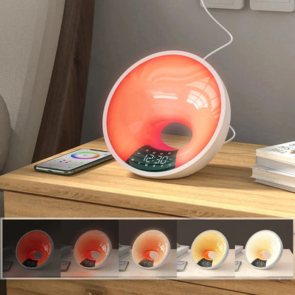 Réveil rond blanc LED multicolore avec affichage numérique -  - reveil-luminotherapie-aube - ["bluetooth","lumineux","luminoth\u00e9rapie","Radio R\u00e9veil Lumineux","R\u00e9veil bluetooth"]